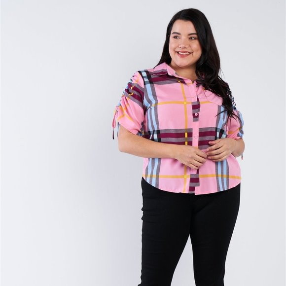 Plaid Multi Stripe Cinched Sleeve Button Down Top - Picture 2 of 4